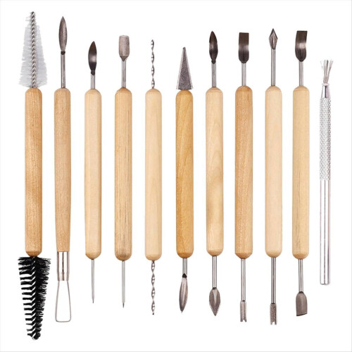 11-piece modeling tool set with wooden handle and double-sided end, sculpting tools