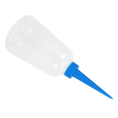 250 ml clear, white and blue plastic applicator bottle for liquid adhesive 1
