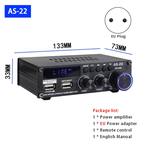 AS22 HiFi Digital Amplifier 30 W 2, 2-Channel Car Bluetooth EU Plug 1