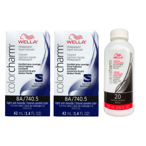 Wella (2-Pack + Developer) Wella Color Charm Permanent Liquid Haircolor 8A Light Ash Blonde