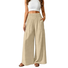 Smocked Linen Pants Women Baggy Flowy Wide Leg Pants-Khaki L
