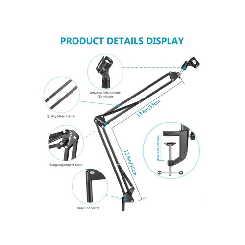 Extendable recording microphone holder with microphone clip mounting clamp 2