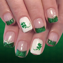 Pack of 24 Elegant Fake Nail Light Green Leaf Pattern Glitters