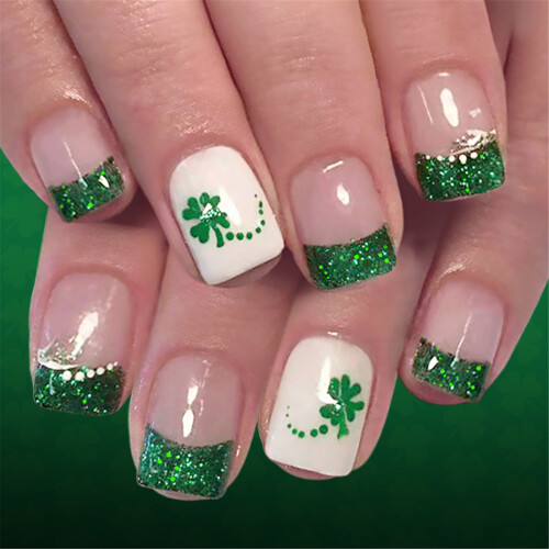 Pack of 24 Elegant Fake Nail Light Green Leaf Pattern Glitters