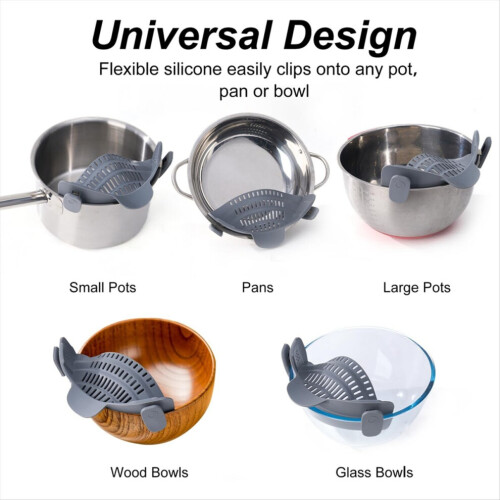Adjustable silicone clip strainer for pots, pans and bowls 1