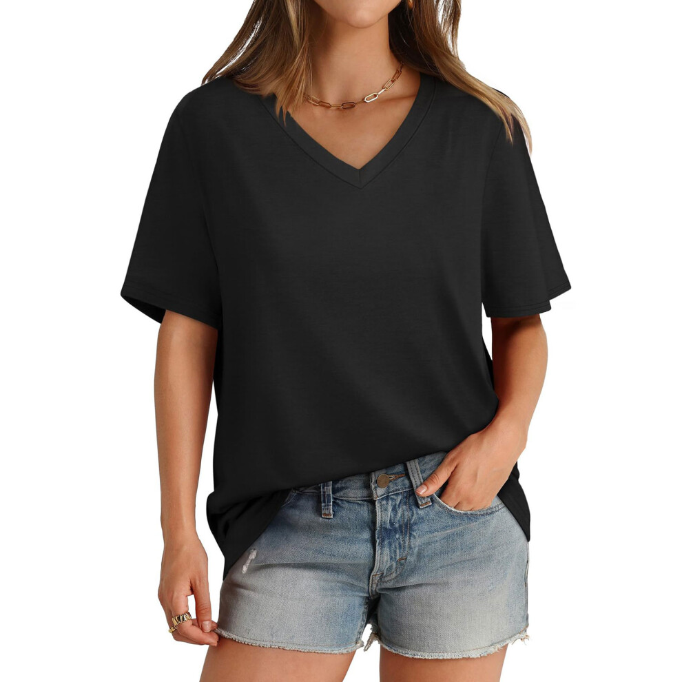 Black Women's V-Neck Short-Sleeved Solid Color Loose Basic- Xl