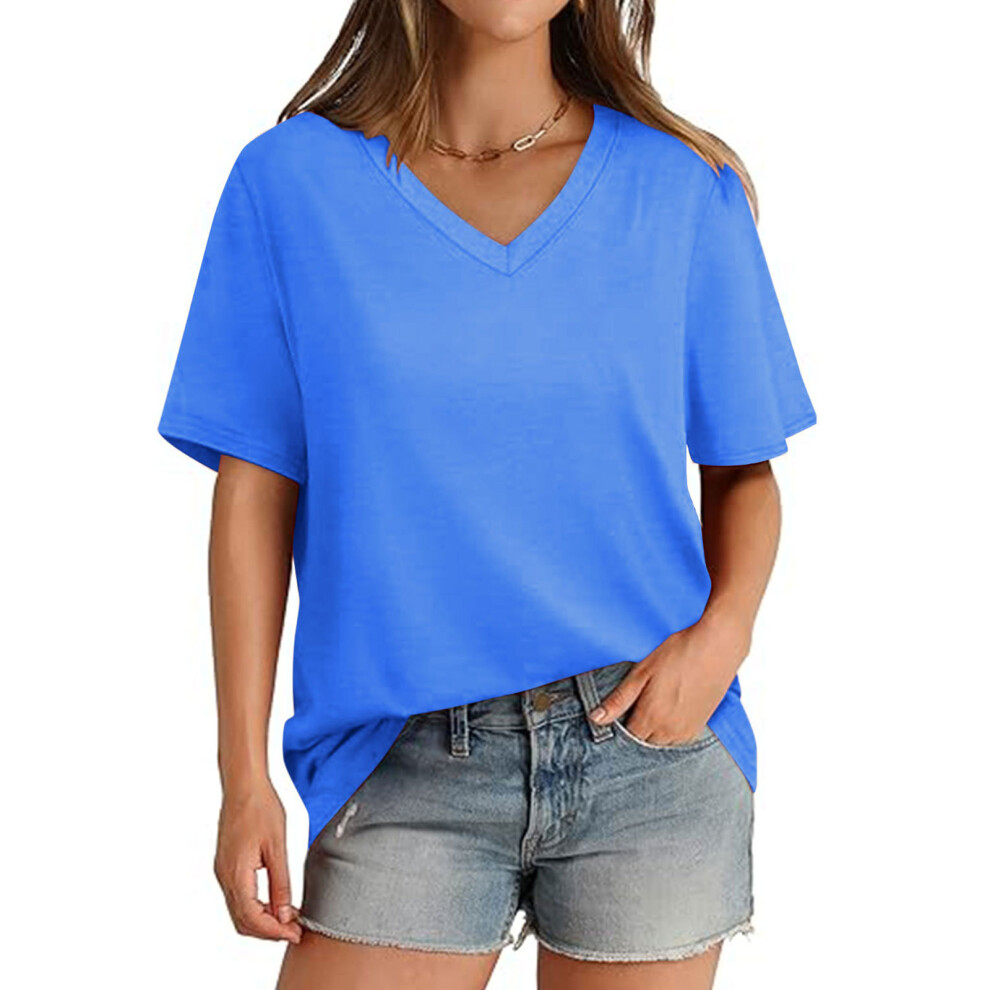 Blue Women's V-Neck Short-Sleeved Solid Color Loose Basic- Xl