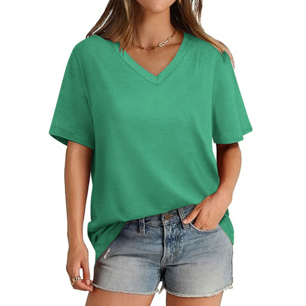 Green Women's V-Neck Short-Sleeved Solid Color Loose Basic- Xl