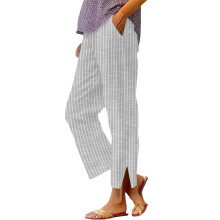 Linen Cotton Pants For Women Loose Stripe Casual-Gray XL