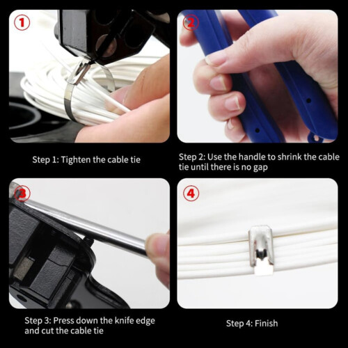 Heavy-duty steel cable tie tool, including 100 cable ties, for office use 1