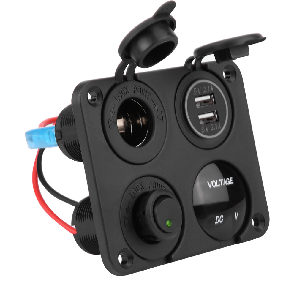 4 Gang On/Off Toggle Switch Panel With Dual Usb, Voltmeter, Cigarette Lighter, Green Led 7891392694617