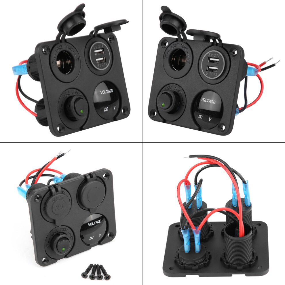 4-Gang On/Off Toggle Switch Panel With Dual Usb, Volt Meter, Cigarette Lighter, Led Green 8701392875697