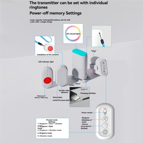 Wireless Doorbell with Flash Vibration Waterproof Emergency Pager for Elderly Nurse Alert System Security Aid,B 1