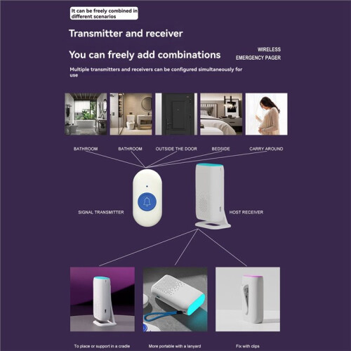 Wireless Doorbell with Flash Vibration Waterproof Emergency Pager for Elderly Nurse Alert System Security Aid,B 2