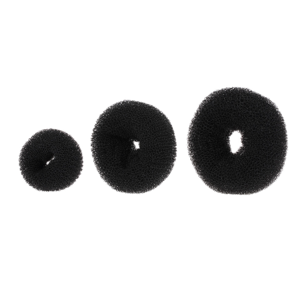 Black 3Pcs Women Hair Doughnut Bun Maker, Elastic, S/M/L,