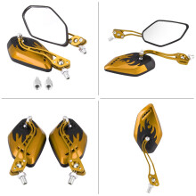 Universal Motorcycle Scooter Aluminum Flame Pattern Rear View Mirrors 8mm 10mm Yellow
