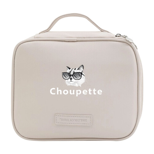 Water Resistant PU Cosmetic  Bag Compartment Spacious-White cat