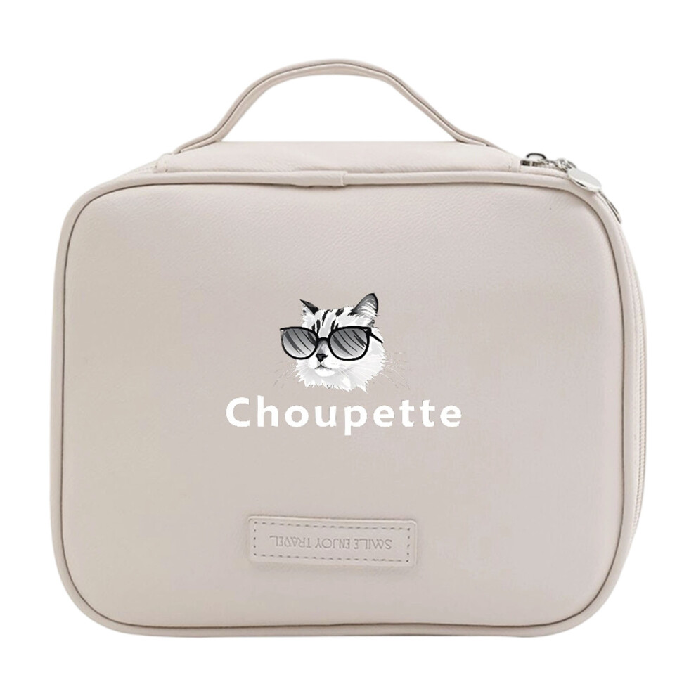 White Water Resistant Pu Cosmetic Bag Compartment Spacious- Cat