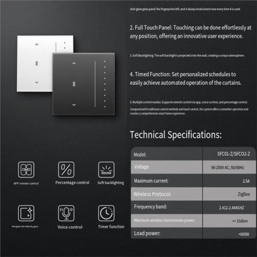 Tuya Zigbee  Curtain US  Anti-Glare Touch Panel Flowing Backlight Touch Curtain Panel US B 1