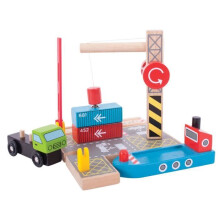 Parco per contenitori - BigJigs Giocattoli - Modello funzionante con gru in legno e pulleys magnetici - Multicolore