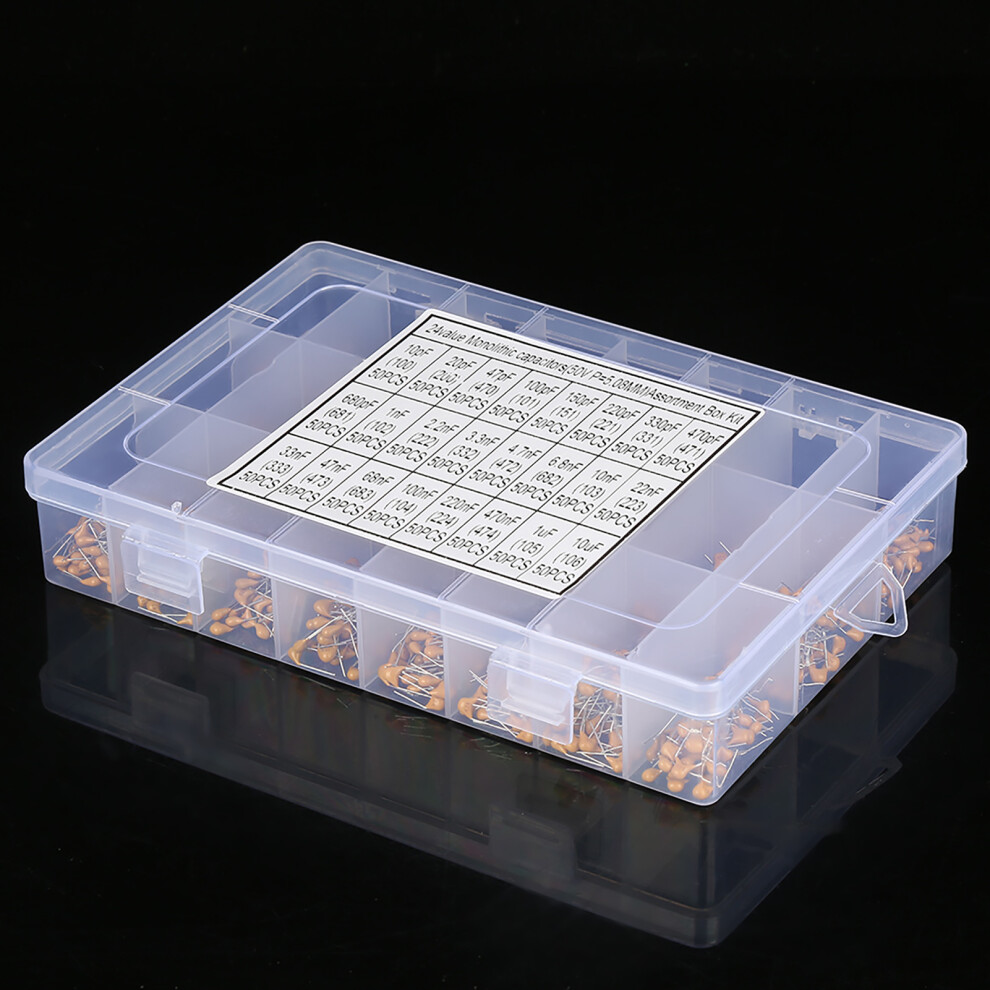 1200Pcs Assorted Ceramic Capacitor Kit 50V 10Pfâ10Uf In Transparent Box 4371392776979