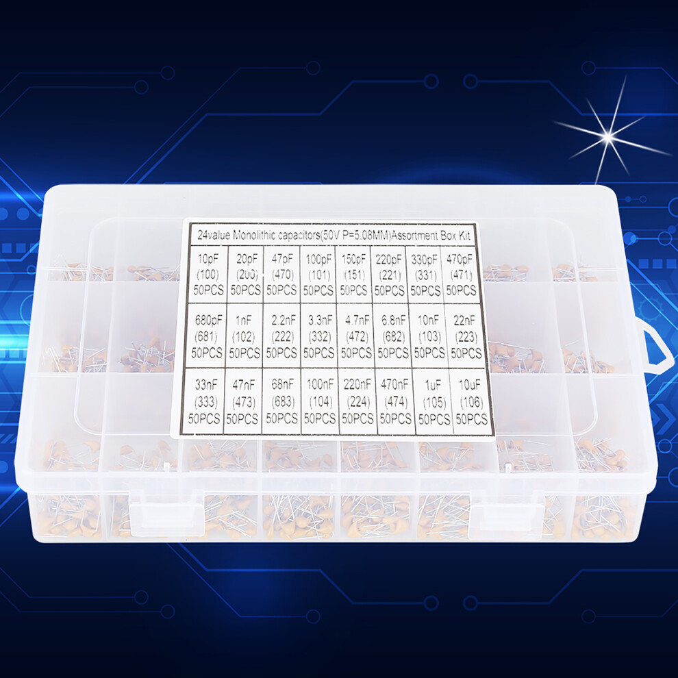 1200Pcs Assorted Ceramic Capacitor Kit 50V 10Pf-10Uf Compact Storage 7691392932272