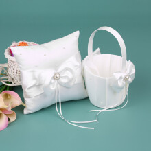 Elegant 7x7 Inch White Satin Bowknot Ring Bearer Pillow & Flower Girl Basket Set