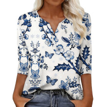 Women's sleeve V-neck T-shirts for Spring -Sky Blue S