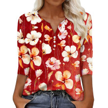 Women's sleeve V-neck T-shirts for Spring  comfortable,-Red XXL