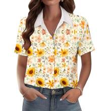 Women's V-neck short-sleeved shirt, casual positional-Yellow XL