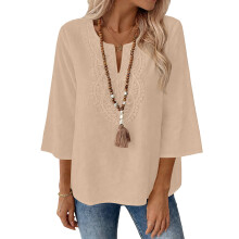 Womens 3/4 Sleeve Tops Cotton Linen Shirts V Neck Lace-Gold S