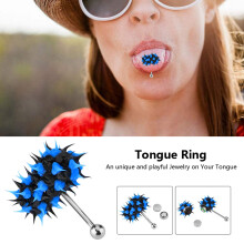 Vibrating Stainless Steel Tongue Ring with Silicone Ball - Black Blue
