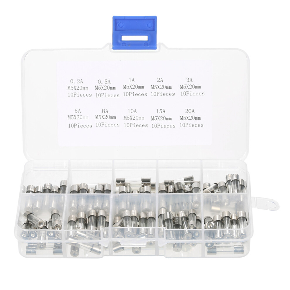 100Pcs 5X20mm Fast Blow Glass Tube Fuses Assorted Kit 0.2A-20A 9341392873119