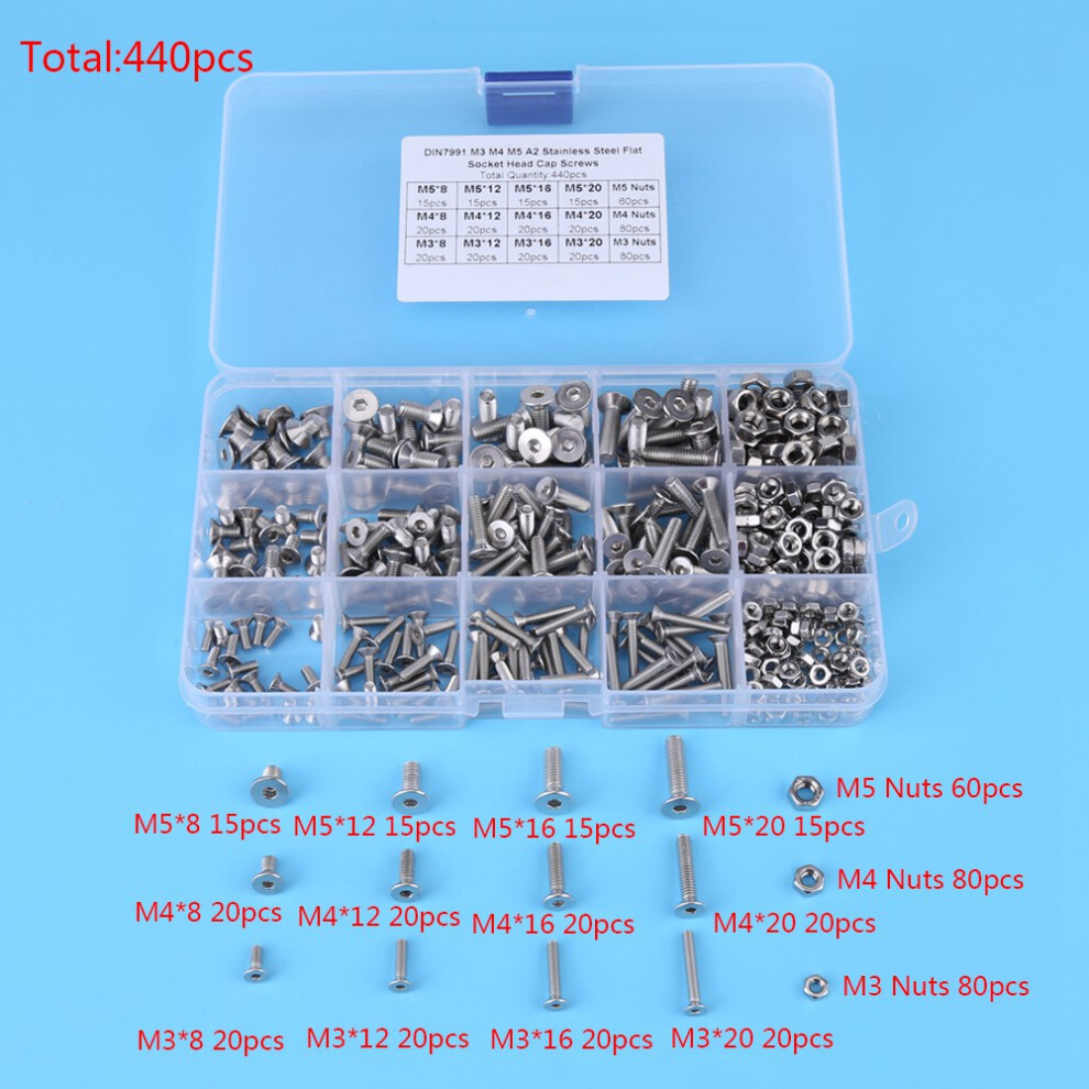 440Pcs Stainless Steel M3 M4 M5 Hex Socket Flat Head Screw Set With Nuts 7691393002387