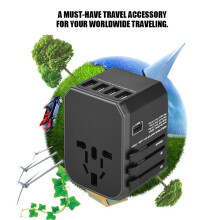 Universal Travel Adapter Plug with 4 USB Ports, Type C, Black