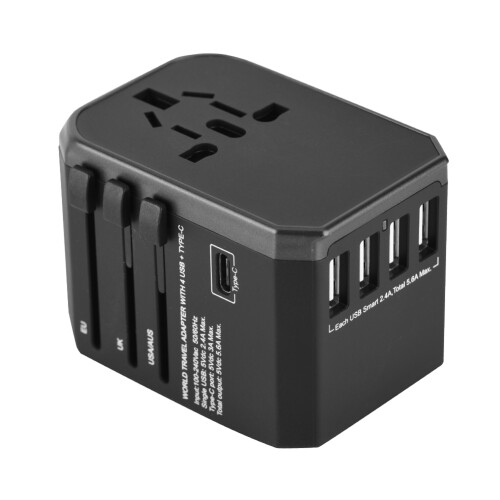 Universal Travel Adapter Plug with 4 USB Ports, Type C, Black 1