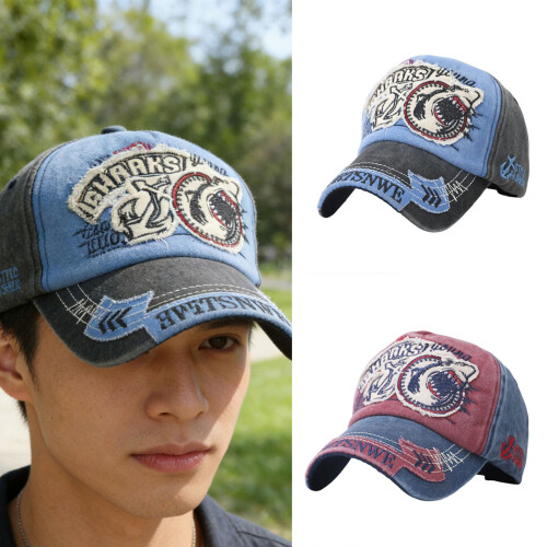 Classical Embroidered Shark Baseball Cap Distressed Jeans-Black 2