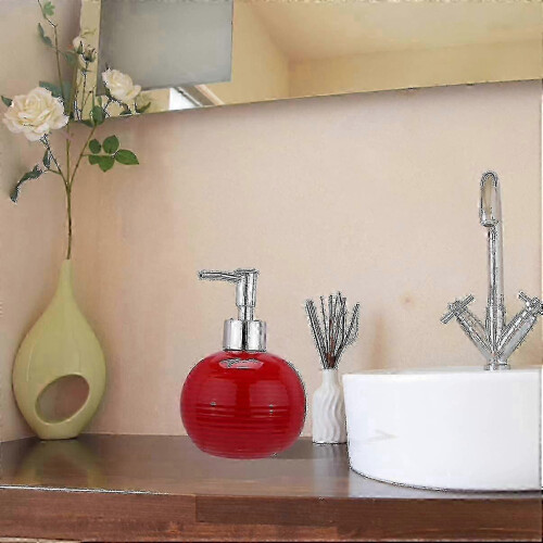 Ceramic Liquid Hand Soap Dispenser - Round Press Refillable Bottle with Squeeze Pump (Red) 2