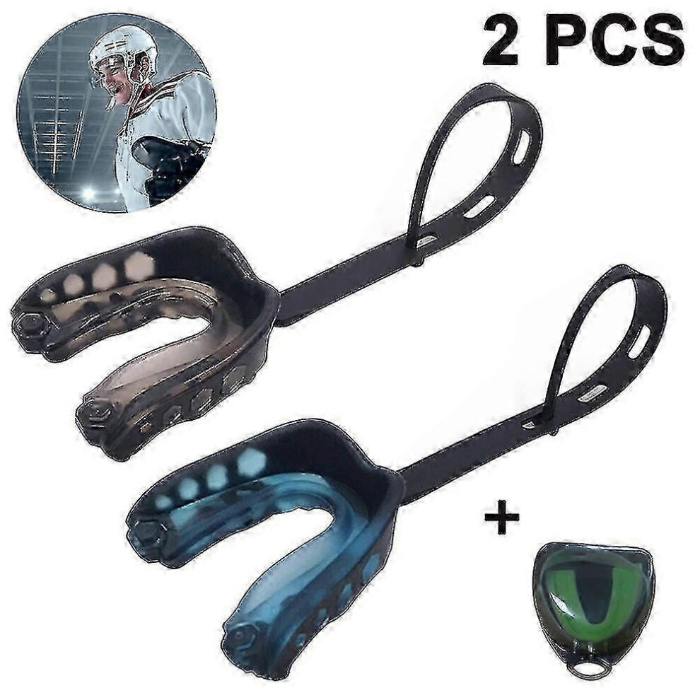 Black/Blue Mouth Guard Sports Football Youth Mouth Guard Mma Mouthguard With Strap, Football Mouthpiece Sport Mouth Guard For Football, Basketball, Lacrosse, Hoc