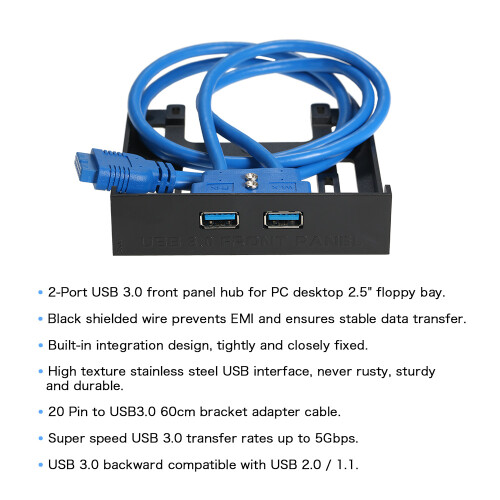 USB 3.0 Front Panel Hub 2 Ports 60cm for PC, Black 2