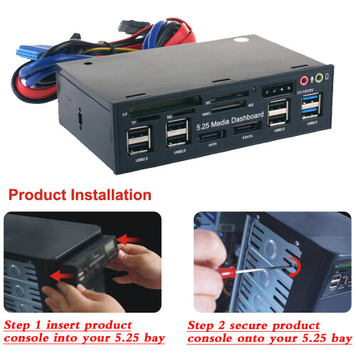 Multi-Function USB 3.0 Hub eSATA SATA Card Reader Front Panel 5.25inch Black 1