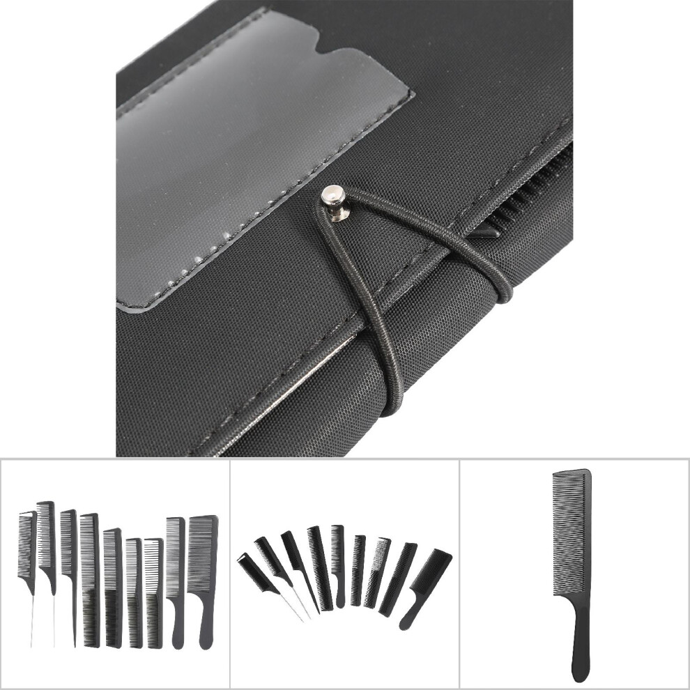 9PCS Hairdressing Comb Set with Bag â Black, Carbon Fiber, 26x14cm