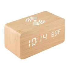 Digitalwecker aus Holz mit kabellosem Laden, LED-Uhr mit Uhr, Uhr, Datum, Temperatur, Schreibtischuhren