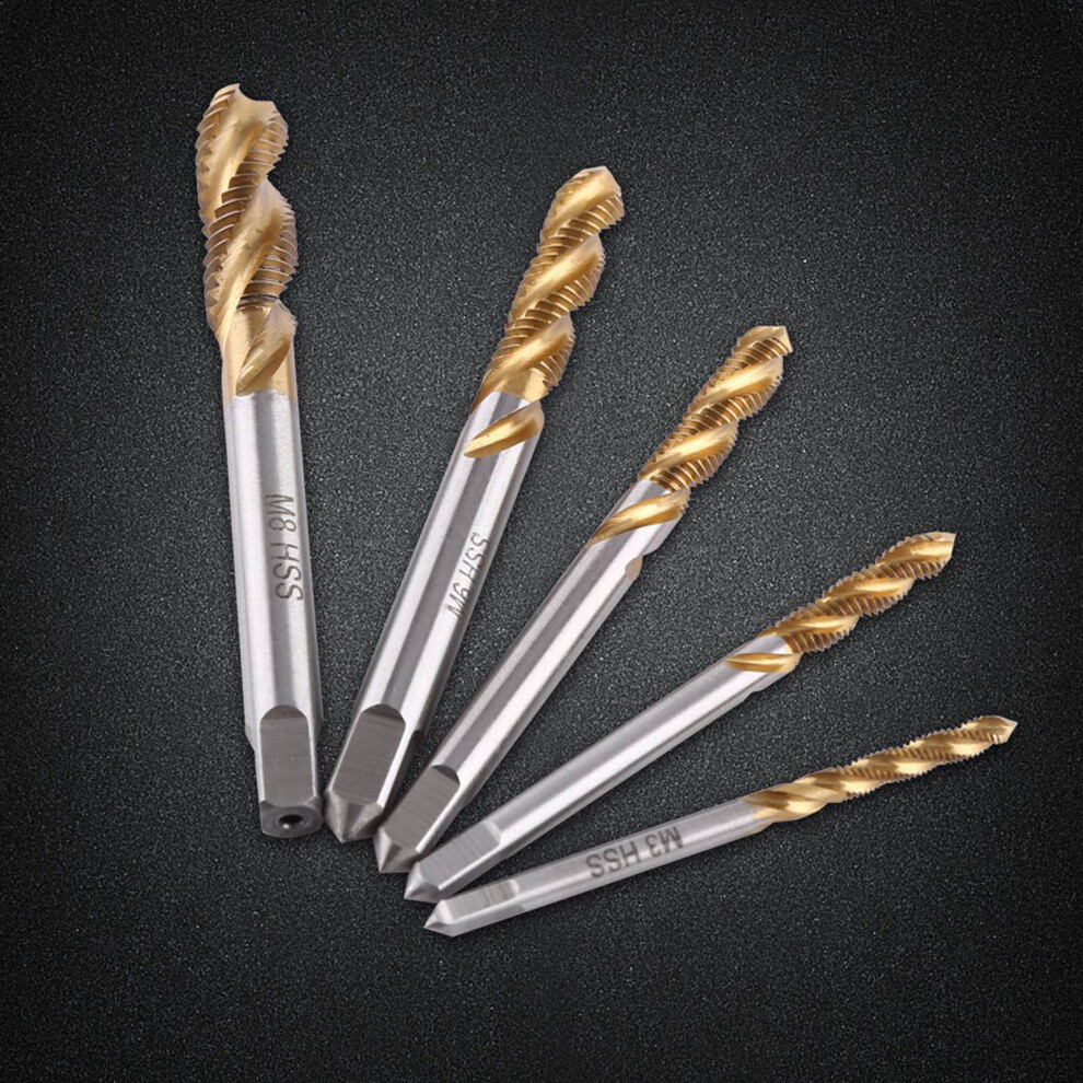 5Pc Spiral Fluted Hss Screw Taps Titanium Coated M3 To M8 Metal Threading Tools 7641393057566