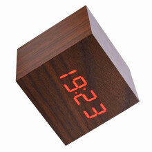 Mini Wooden Digital Alarm Clock 6x6x6cm LED Temp Display Voice Control Brown