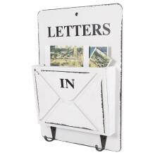 Wood Letter Rack with 2 Hooks, Wall Key Holder, 18x4.2x26cm, White