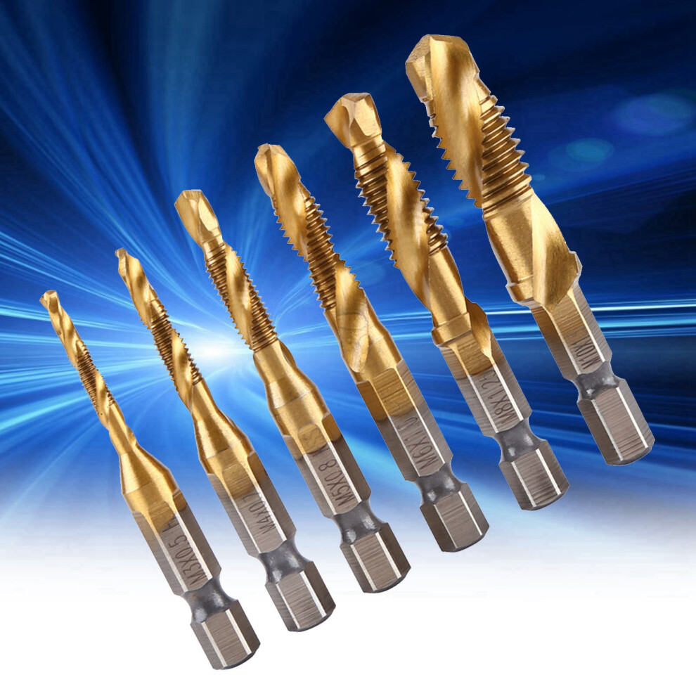 6Pc Metric M3-M10 Titanium Coated Hss Drill & Tap Bit Set 1/4\" Hex Shank 8171392978283