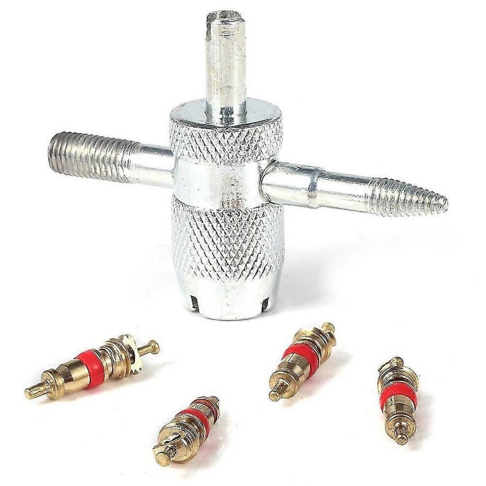 Car Bike 4 Way Tyre For Valve Repair Standard Tire Remover Tool + 4 Stem Cores K White/Silver 6935161788990