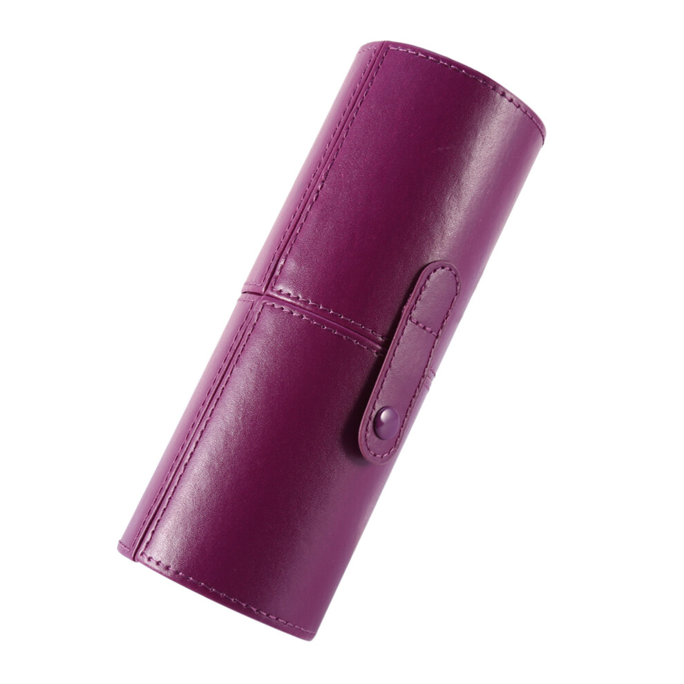 Purple Travel Makeup Brush Case Pu Leather Cosmetic Organizer Round Pen Shape