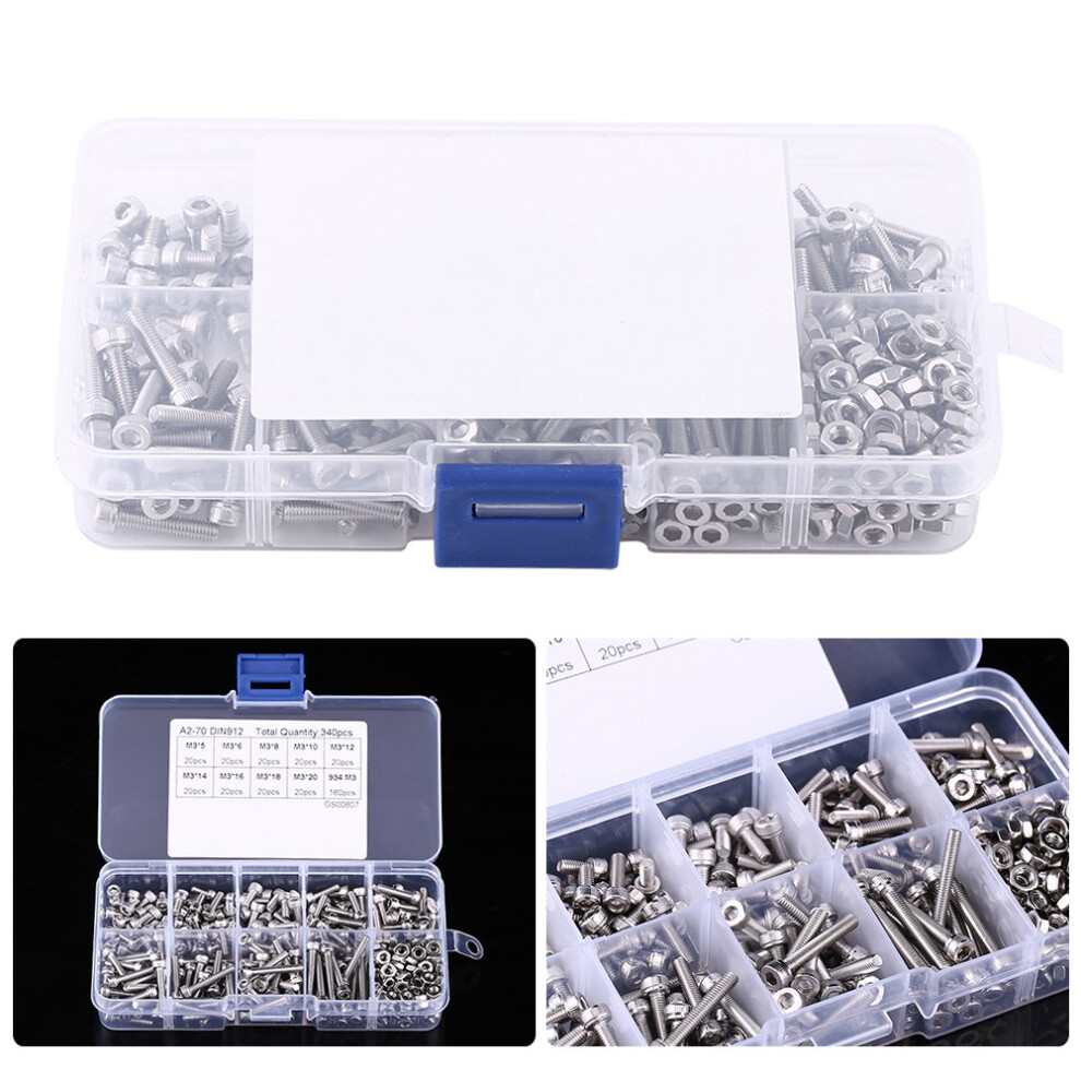 340Pcs M3 Ss304 Stainless Steel Hex Socket Cap Screws And Nuts Assortment 4691393022661